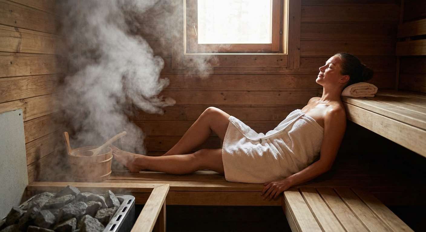 Person entspannt in der Sauna — Gesundheit und Wohlbefinden