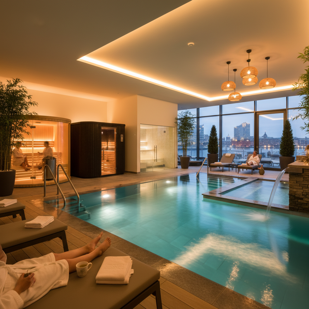 Blick auf eine moderne Saunalandschaft in Hamburg mit verschiedenen Saunen und Pools.