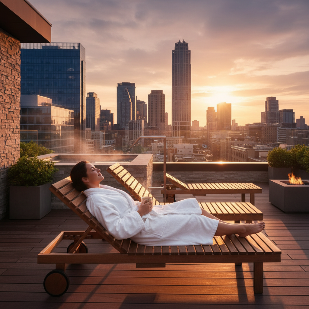 Eine Person in einem Bademantel entspannt auf einem Liegestuhl auf einer Saunaterrasse mit Blick auf die Stadt.