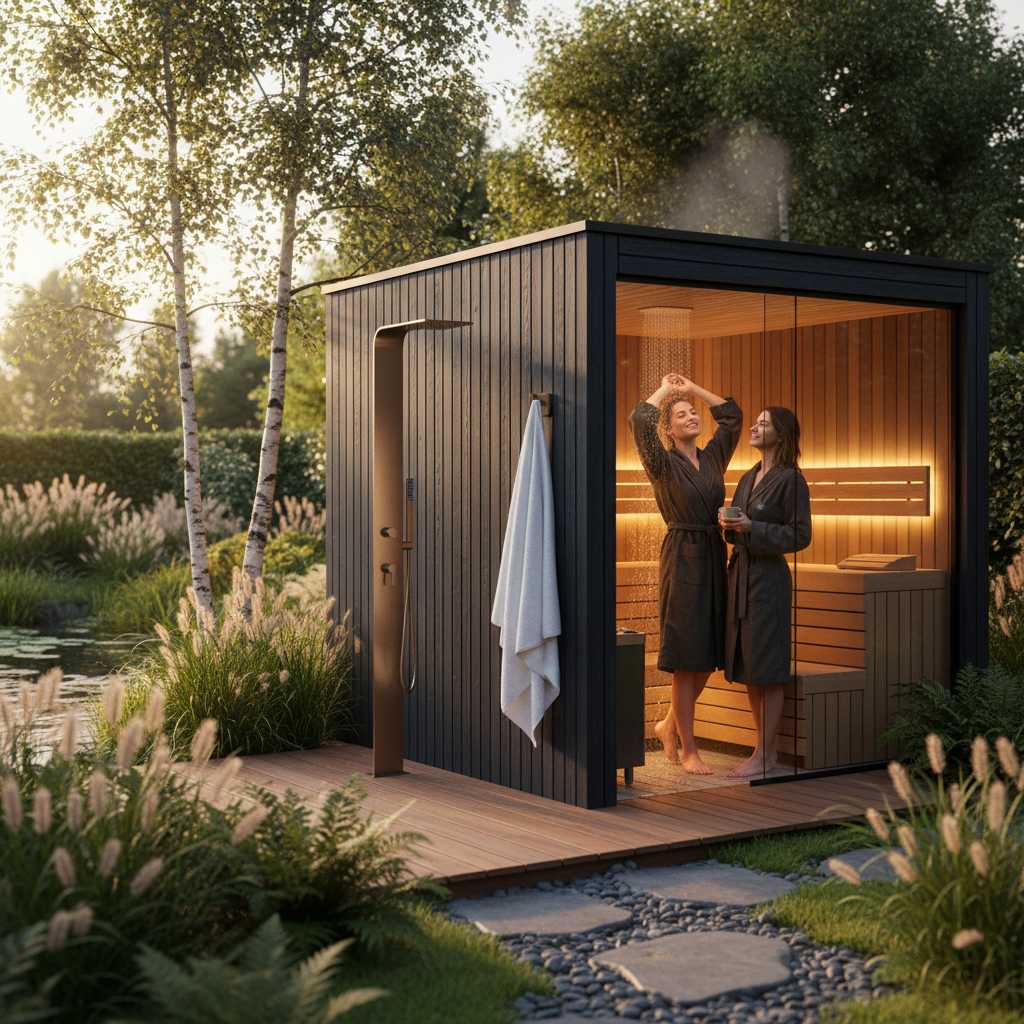 Moderne Sauna im Garten mit Außendusche