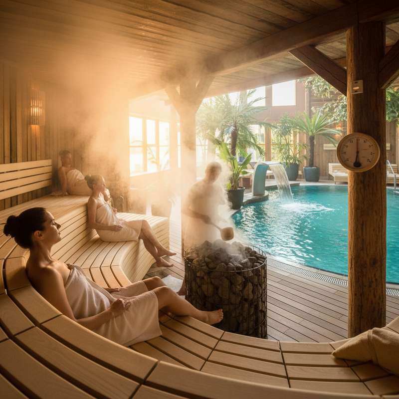 Saunabereich im Europabad Karlsruhe mit Holzliegen und Aufgussofen