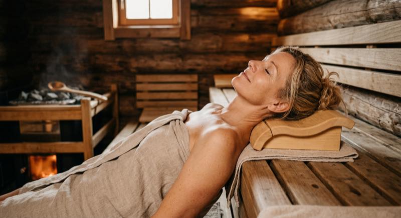 Sauna Kopfstütze Test 2026 — ergonomische Holz-Nackenstütze auf Saunabank