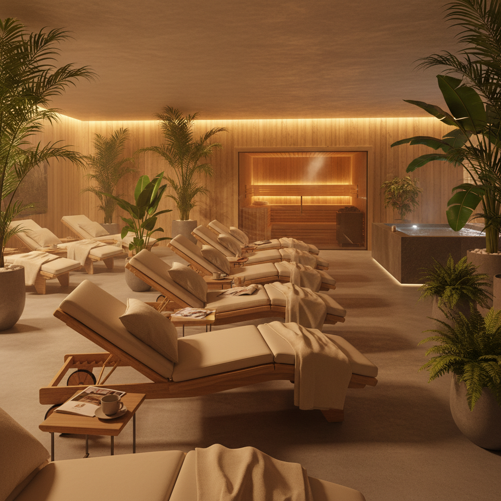 Wellnessbereich einer Sauna in Köln mit Ruheliegen und Pflanzen