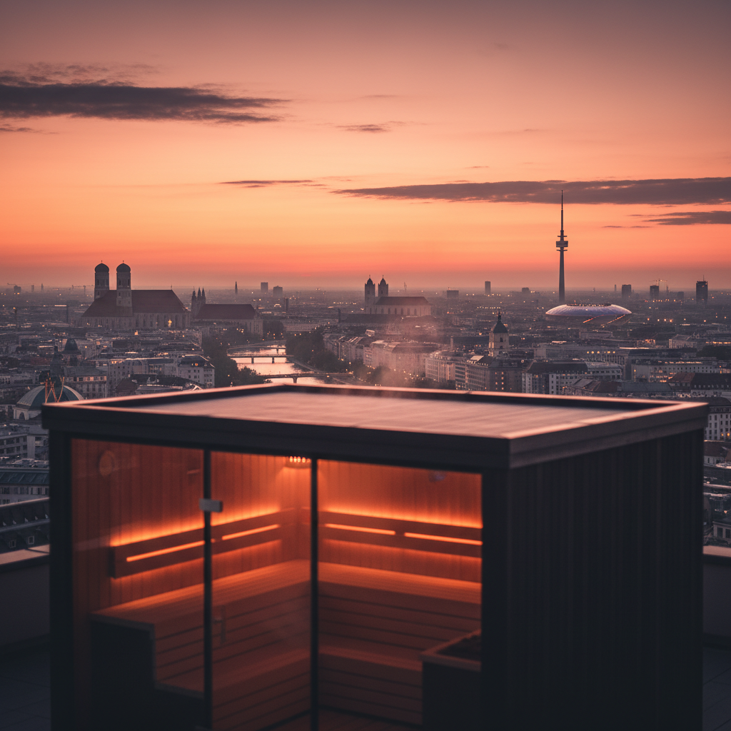 München Skyline mit verschwommener Sauna-Silhouette und warmem Wellness-Atmosphäre