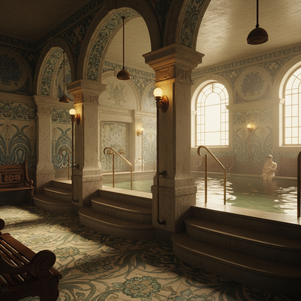 Historisches Jugendstilbad Müller'sches Volksbad München 1901 mit römisch-irischem Schwitzbad, goldenen Armaturen und Kupferduschen