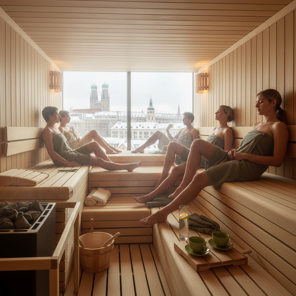 Modernes Saunainnenleben in einer Münchner Wellnessanlage