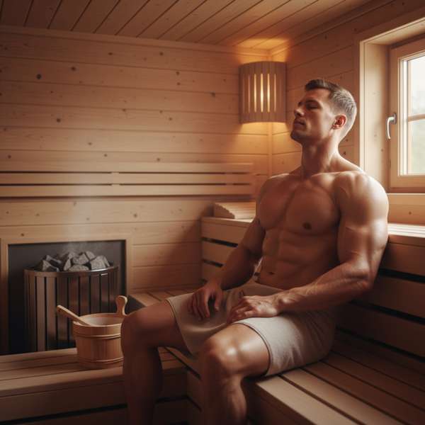 Sportlerin entspannt sich nach dem Training in einer Sauna