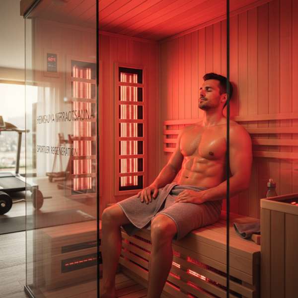 Sportler bereitet sich auf einen Saunagang vor, liegt auf einer Bank