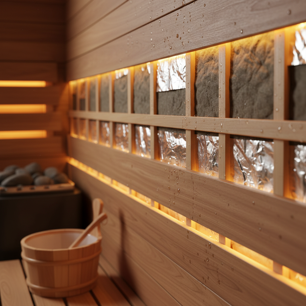 Schematischer Wandaufbau einer Heimsauna mit Holzpaneelen, Dampfsperre und Mineralwolledämmung