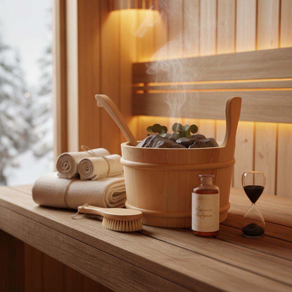 Hochwertiges Saunazubehör Set mit Thermometer, Aufgusskelle und Saunatuch auf Holzbank