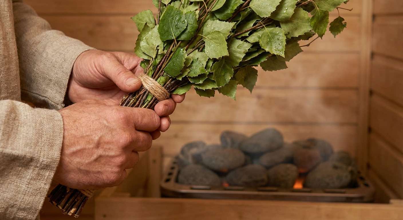 Hände halten einen Birken-Vihta in der Sauna — traditionelles finnisches Sauna-Ritual