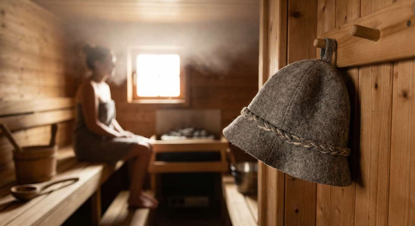 Sauna-Filzhut hängt in einer Holzsauna — Schutz vor Überhitzung beim Saunagang