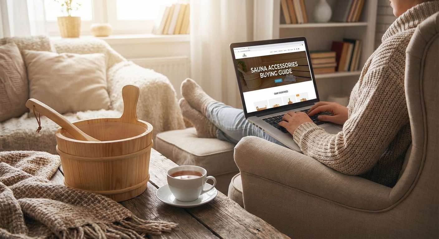 Person kauft Sauna-Zubehör online — Holzkübel und Kelle im Vordergrund