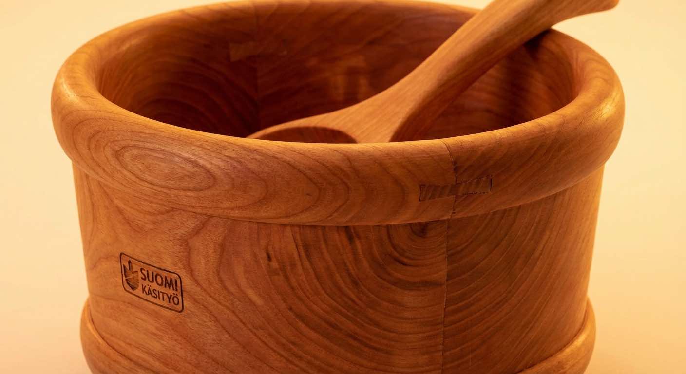 Nahaufnahme eines hochwertigen Erlenkübels mit feiner Maserung — finnische Handwerkskunst