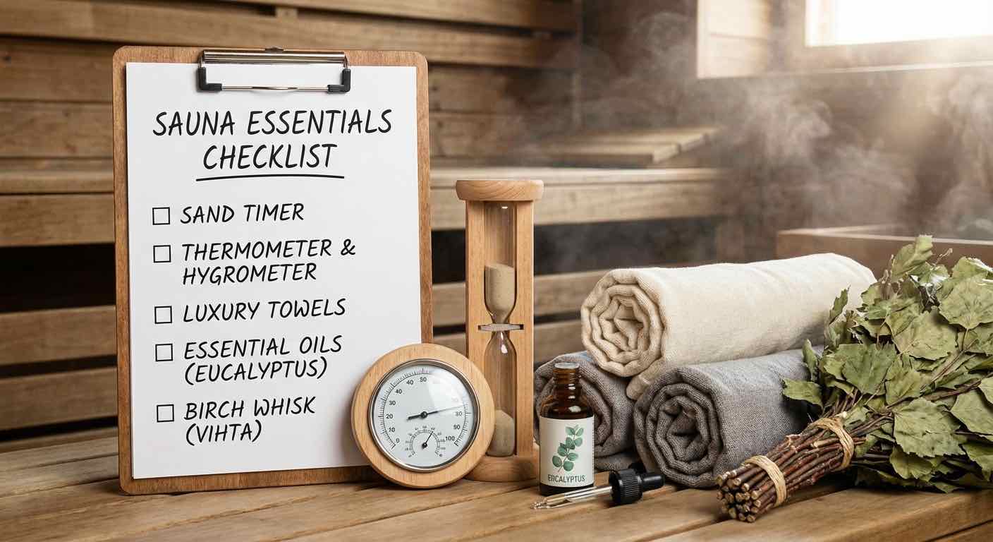 Sauna-Zubehör als Checkliste: Sanduhr, Thermometer, Handtücher, Duftöl und Aufgusswedel