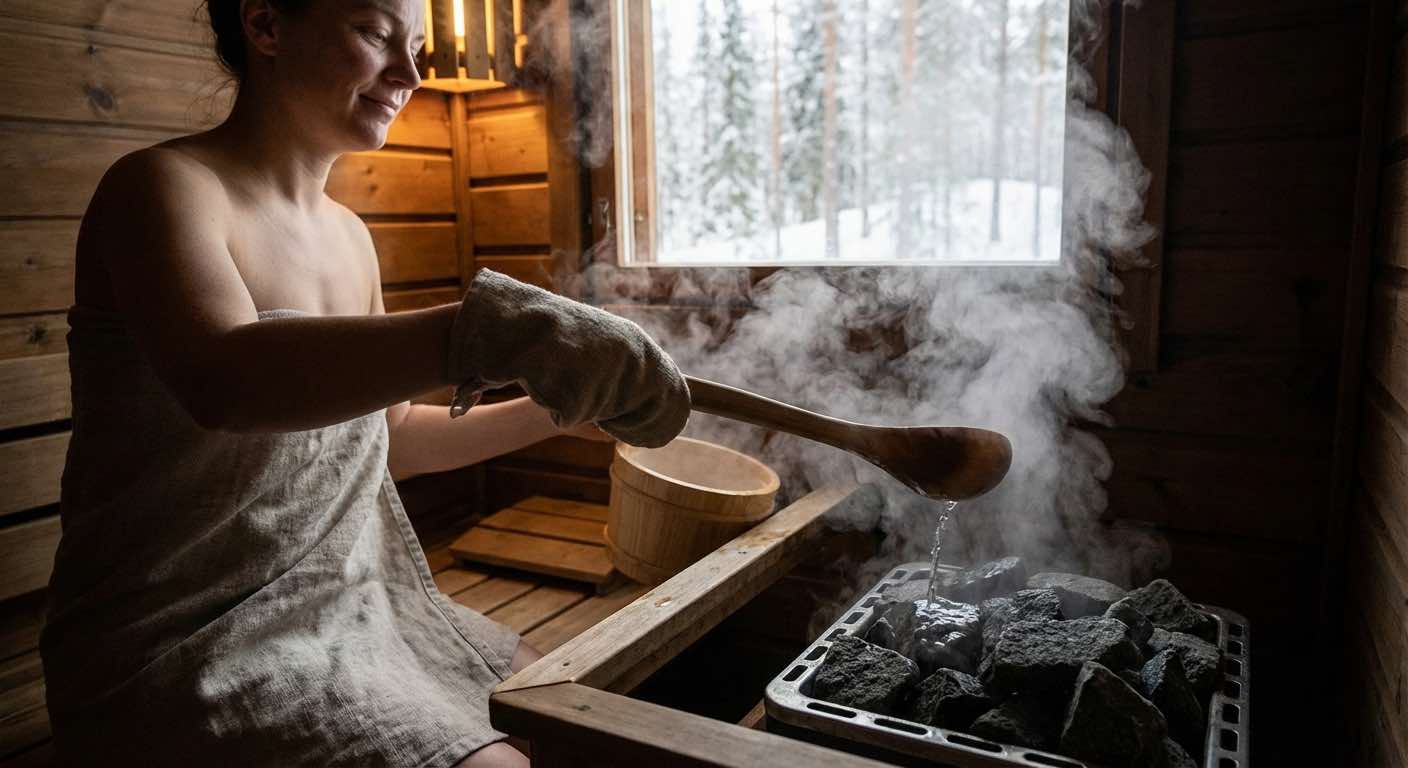 Person gießt Wasser auf Saunasteine mit Holzkelle — Dampf steigt auf, authentisches Sauna-Erlebnis
