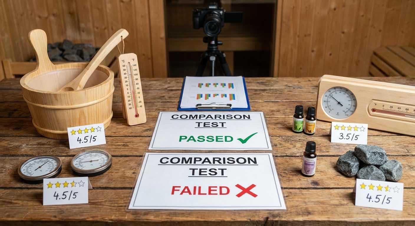 Sauna Zubehör Testergebnisse — Bewertungskarten auf dem Prüftisch