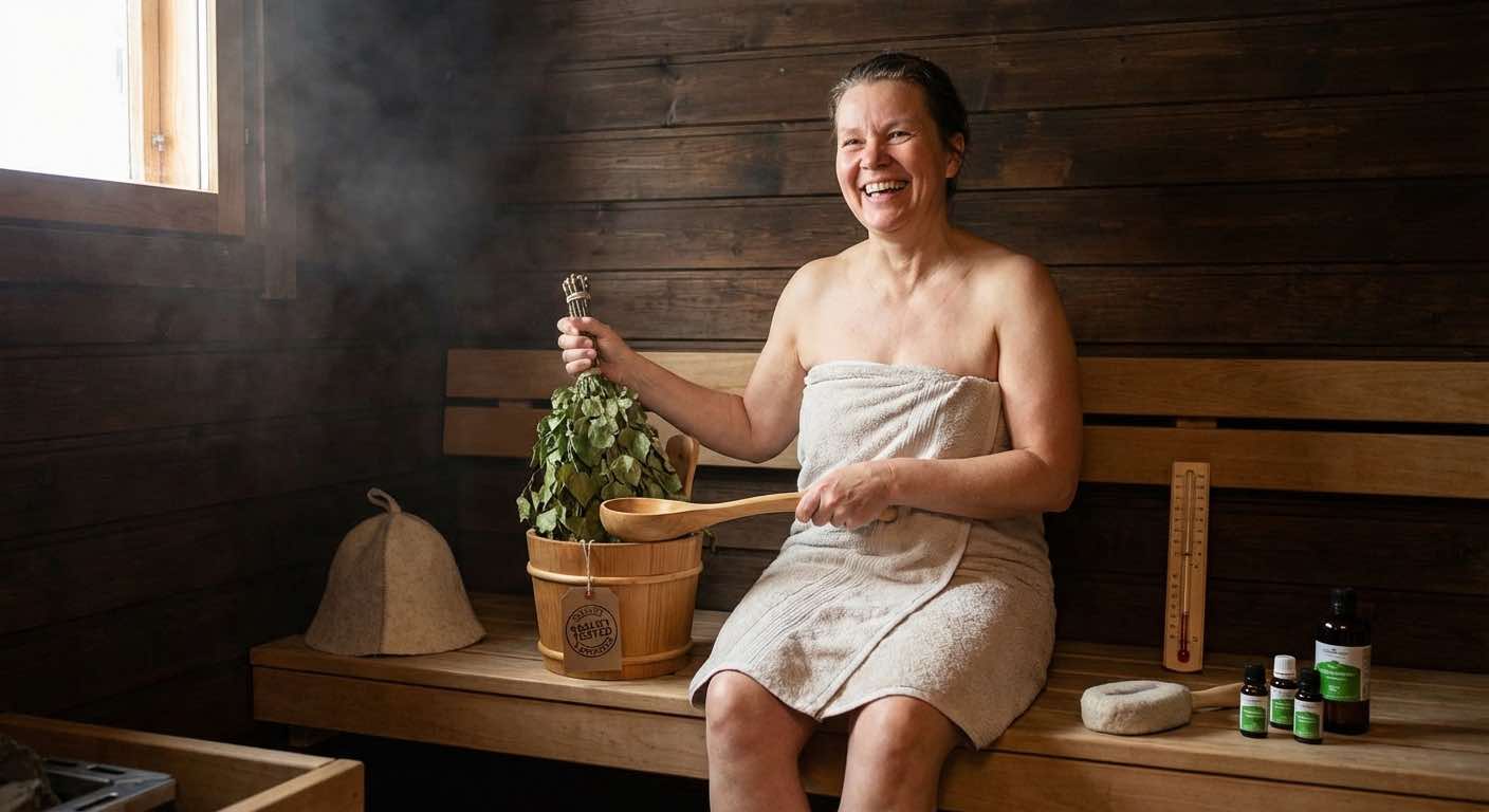 Zufriedener Saunanutzer mit hochwertigem Zubehör