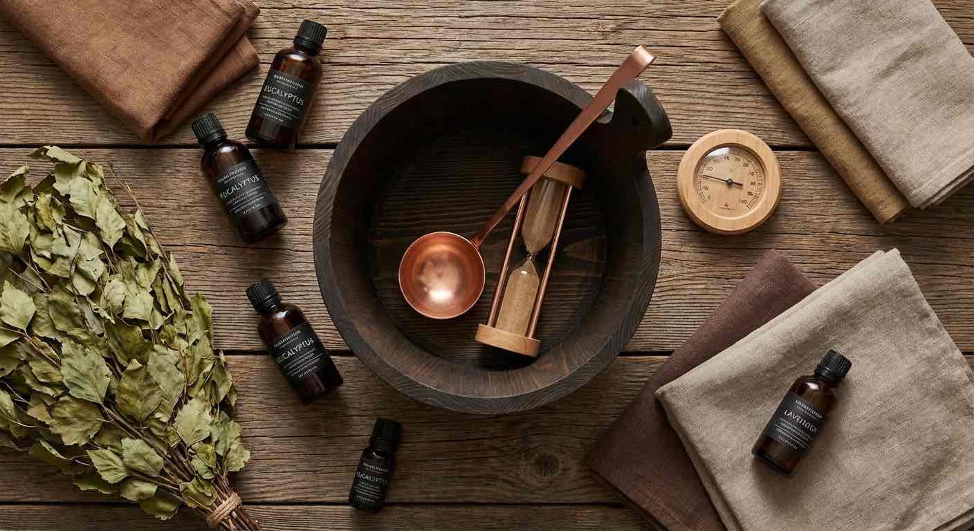 Hochwertiges Sauna-Zubehör im Überblick: Holzkübel, Kelle, Thermometer, Sanduhr und Duftöle
