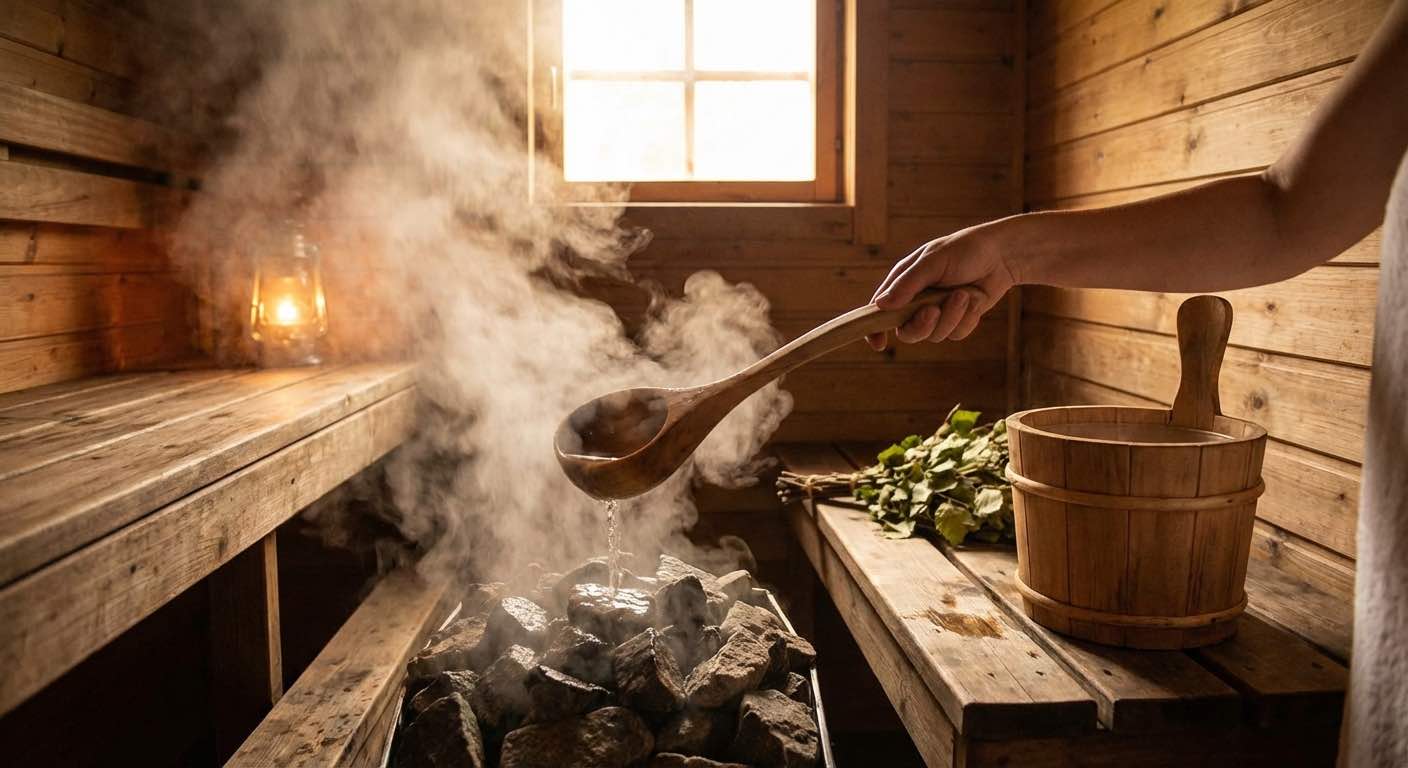 Holzkübel und Kelle im Einsatz — Dampf steigt von den Saunasteinen auf