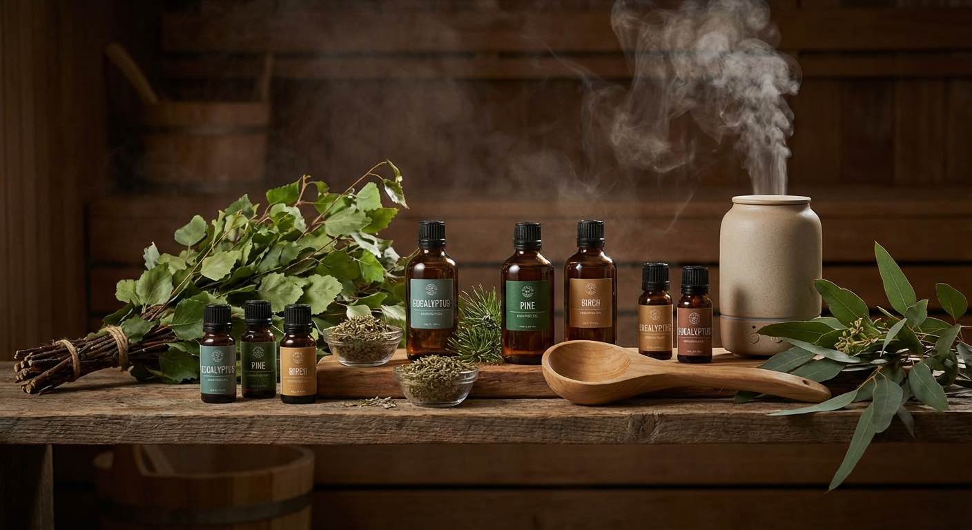 Sauna Duftöle und Aromatherapie-Zubehör — Eukalyptus, Birke und Fichtennadel-Konzentrate