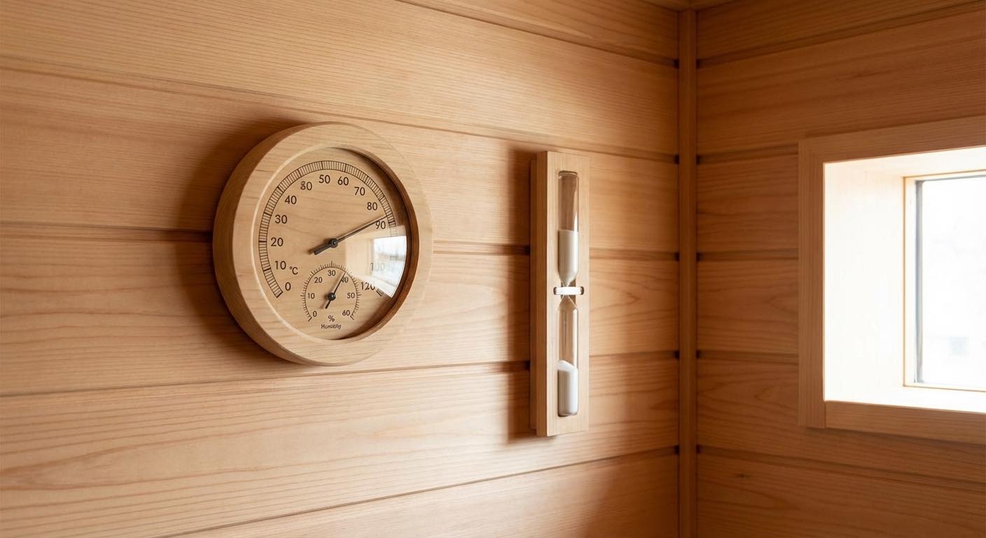 Sauna-Thermometer und Hygrometer an Holzwand — 85 Grad Celsius, Sanduhr daneben