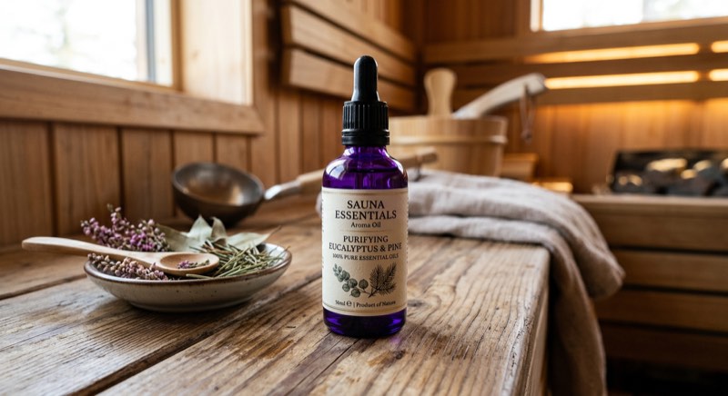 Saunaaufguss Set mit ätherischen Ölen in Violettglas – AllgäuQuelle Naturprodukte