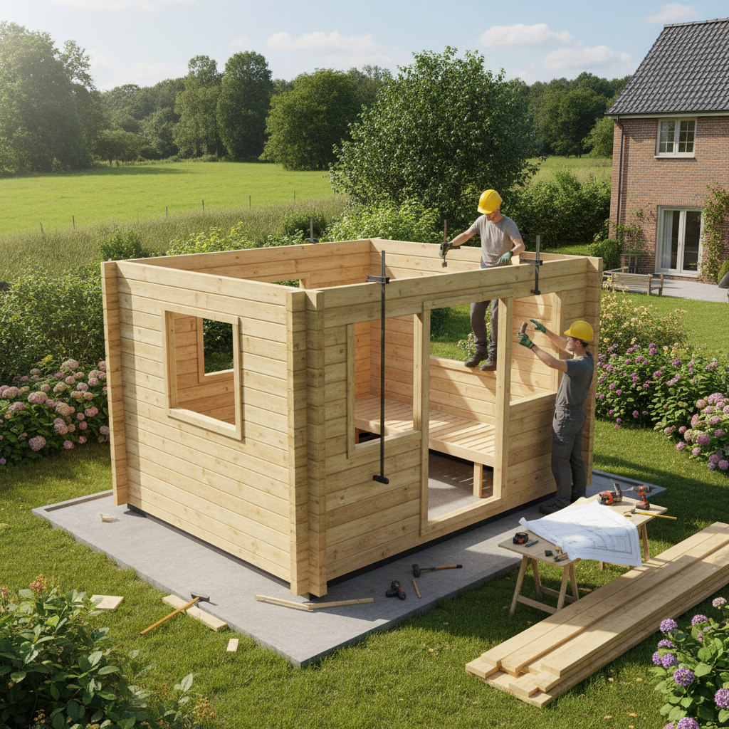 Aufbau eines Saunahaus-Bausatzes im Garten — Blockbohlenwände werden gesteckt