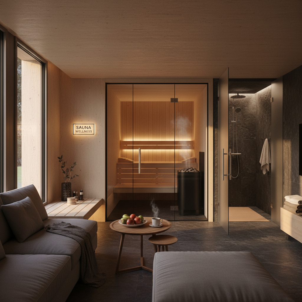 Verschiedene Saunahaus-Modelle mit Vorraum und Dusche im Größenvergleich