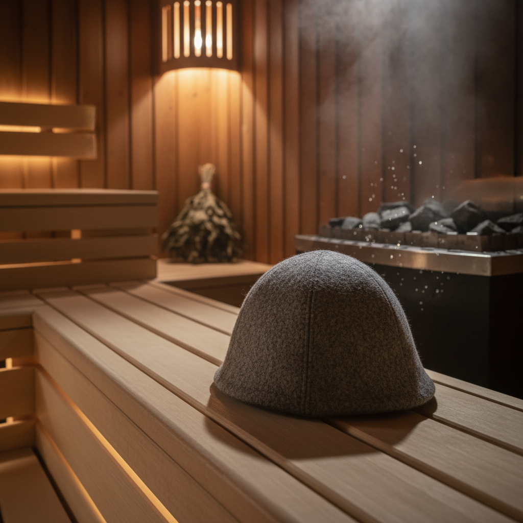 Saunahut aus Wollfilz auf einer Holzbank in einer finnischen Sauna