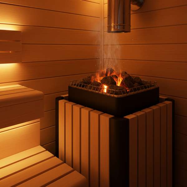 Moderner Saunaofen mit Steinen in einer Holzsauna