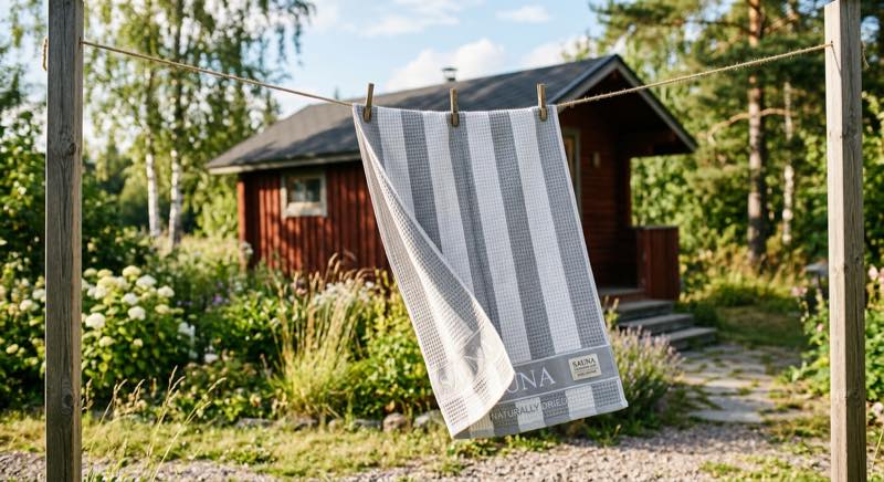 Saunatuch Pflege — Tuch nach der Sauna zum Trocknen aufhängen