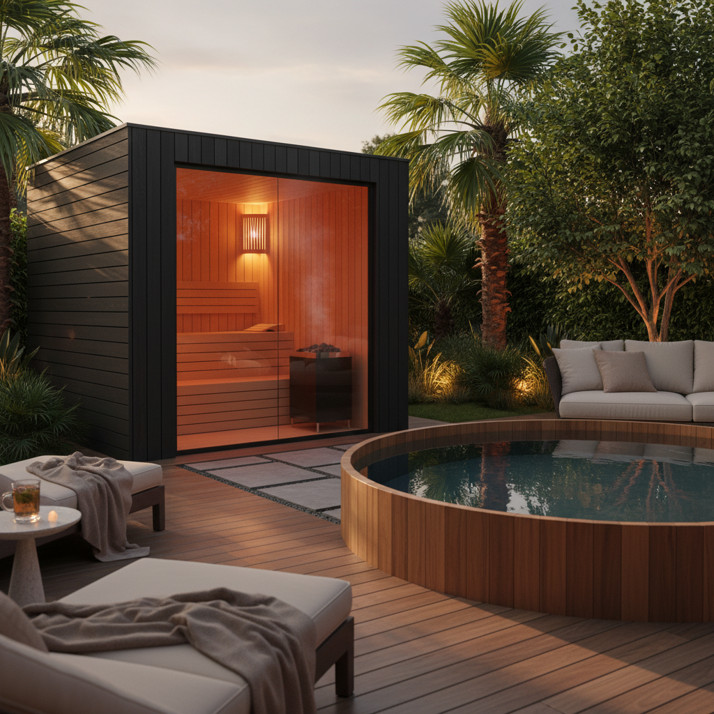 Tauchbecken im Garten neben einer Sauna