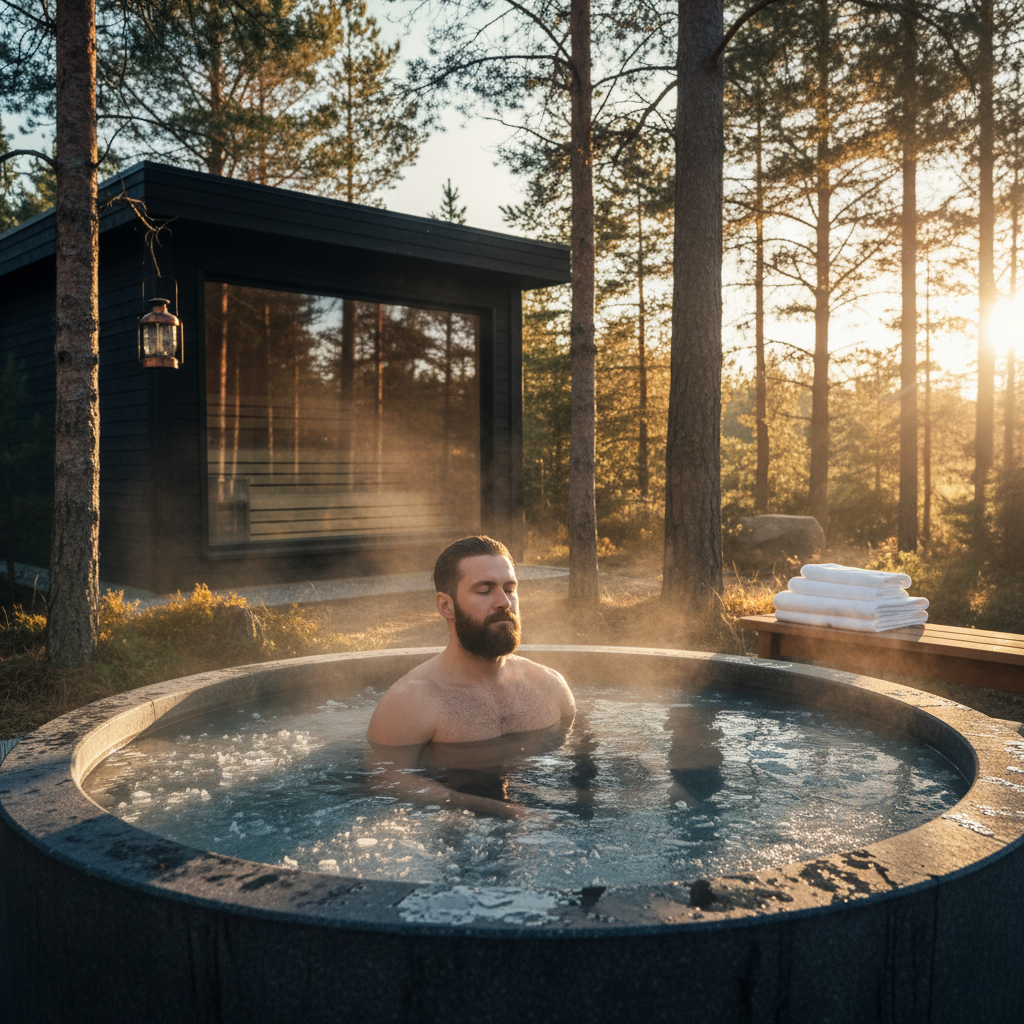 Mann taucht in kaltes Wasserbecken im Garten