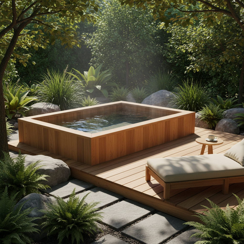 Modernes Tauchbecken aus Holz im Garten als Abkühlung nach der Sauna