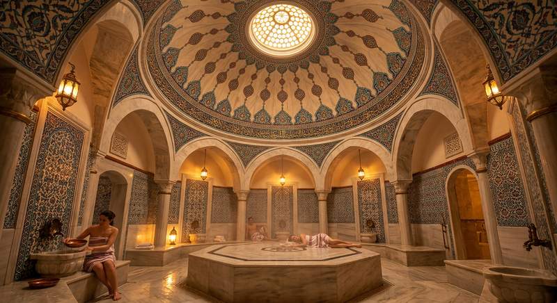 Osmanische Hamam-Architektur mit Kuppel und Lichtöffnungen — typisches Merkmal historischer türkischer Bäder