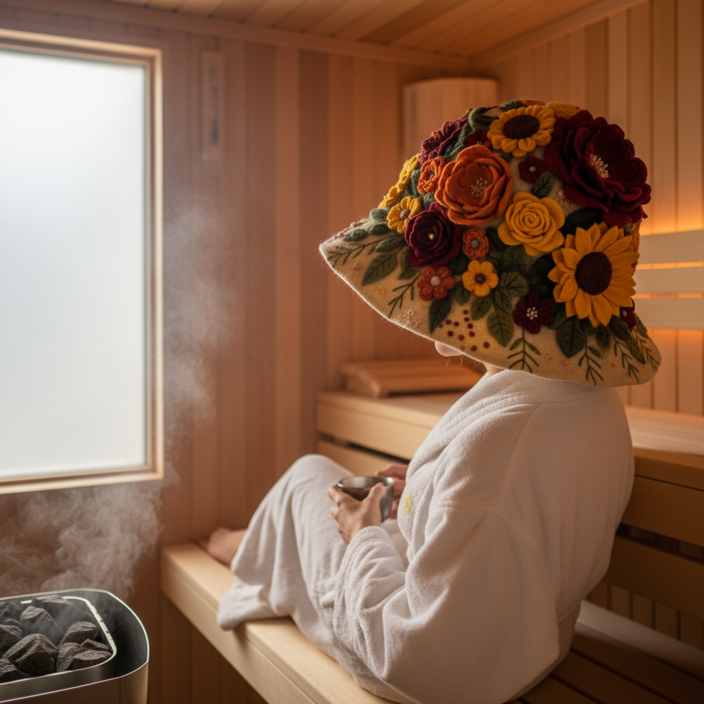 Saunahut mit ausgefallenem Design, Blumen