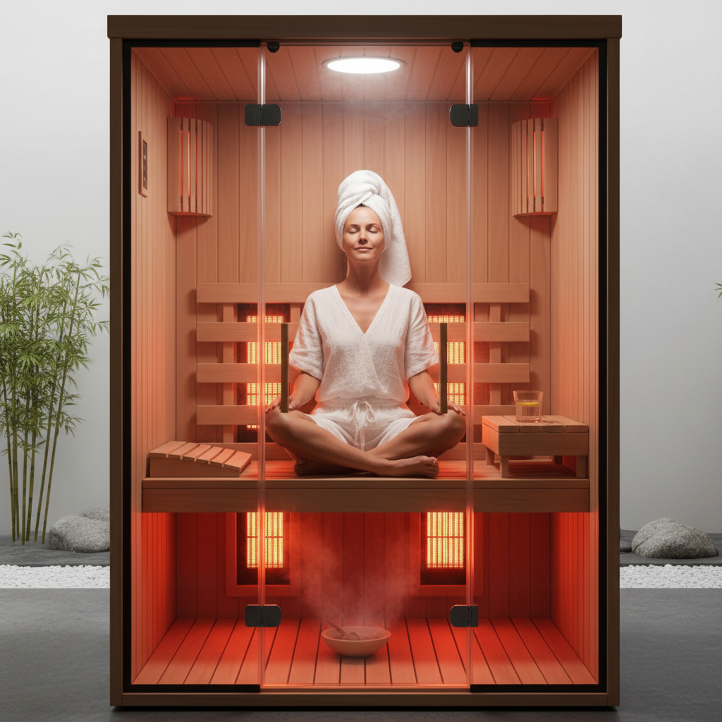 Eine Person entspannt sich in einer modernen Wärmekabine.