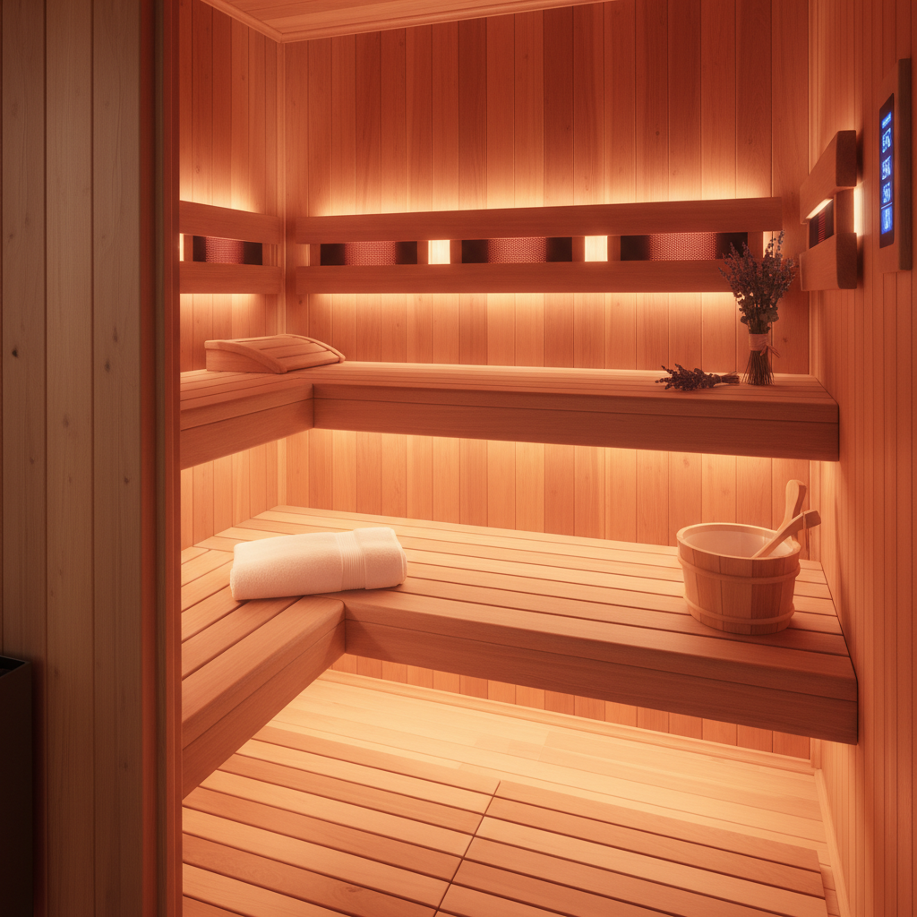 Innenausstattung einer hochwertigen Wärmekabine aus Zedernholz.