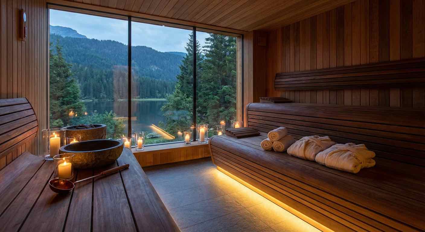 Wellness-Sauna im Garten — entspannte Atmosphäre mit Holzoptik und Beleuchtung
