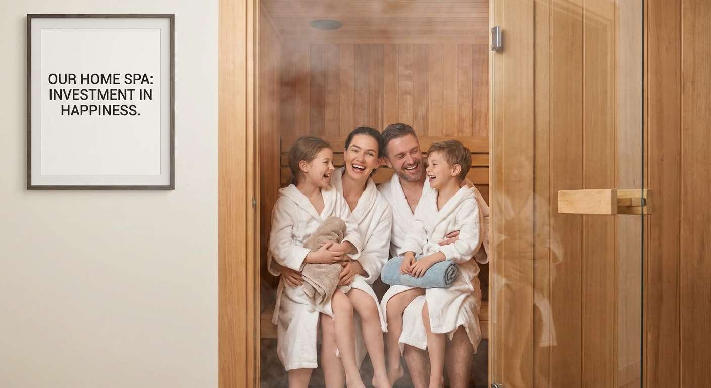 Glückliche Familie genießt ihre neue Heimsauna – Wellness-Investment hat sich gelohnt
