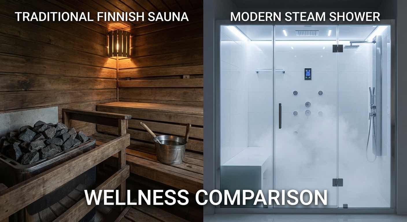 Wellness Sauna Vergleich: Dampfbad links, Finnische Sauna rechts — zwei Welten im Direktvergleich