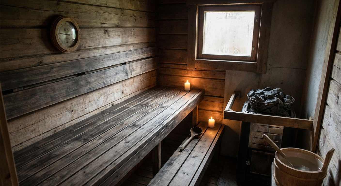 Finnische Sauna mit Thermometer bei 90 Grad Celsius — authentisches Holzambiente und Saunasteine