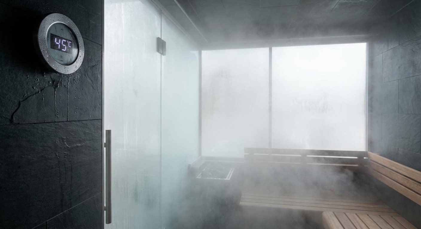 Modernes Dampfbad mit sichtbarem Dampf und Temperaturanzeige bei 45 Grad — Glas und Fliesen