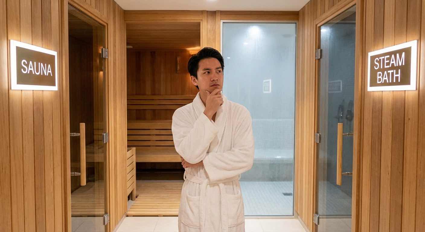 Person wählt zwischen Sauna und Dampfbad — nachdenklich vor beiden Wellness-Optionen