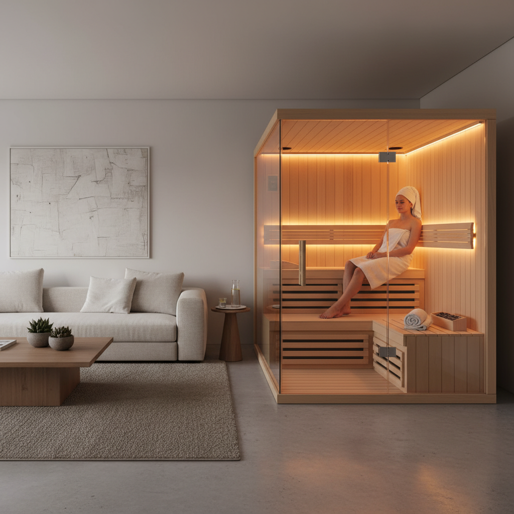 Moderne Infrarotsauna im Wohnzimmer mit einer Person