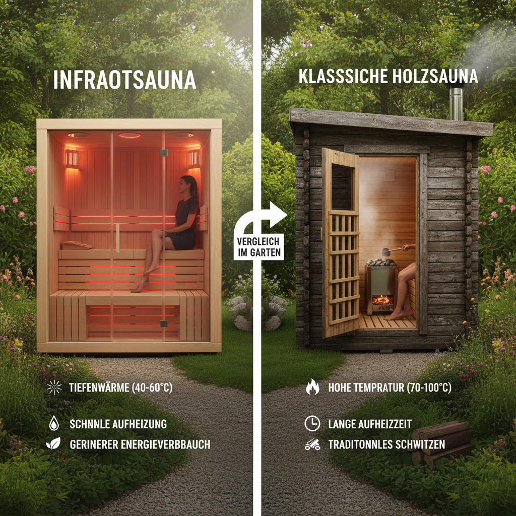 Vergleich von Infrarotsauna und klassischer Holzsauna im Garten