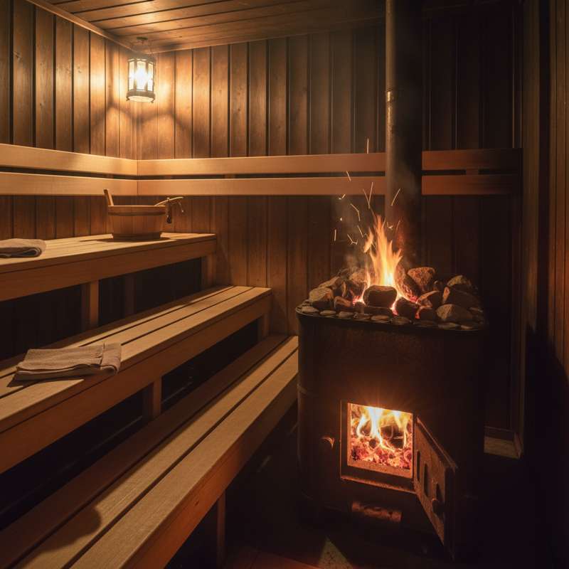 Holzbefeuerter Saunaofen mit Steinkorb, traditionelle finnische Sauna